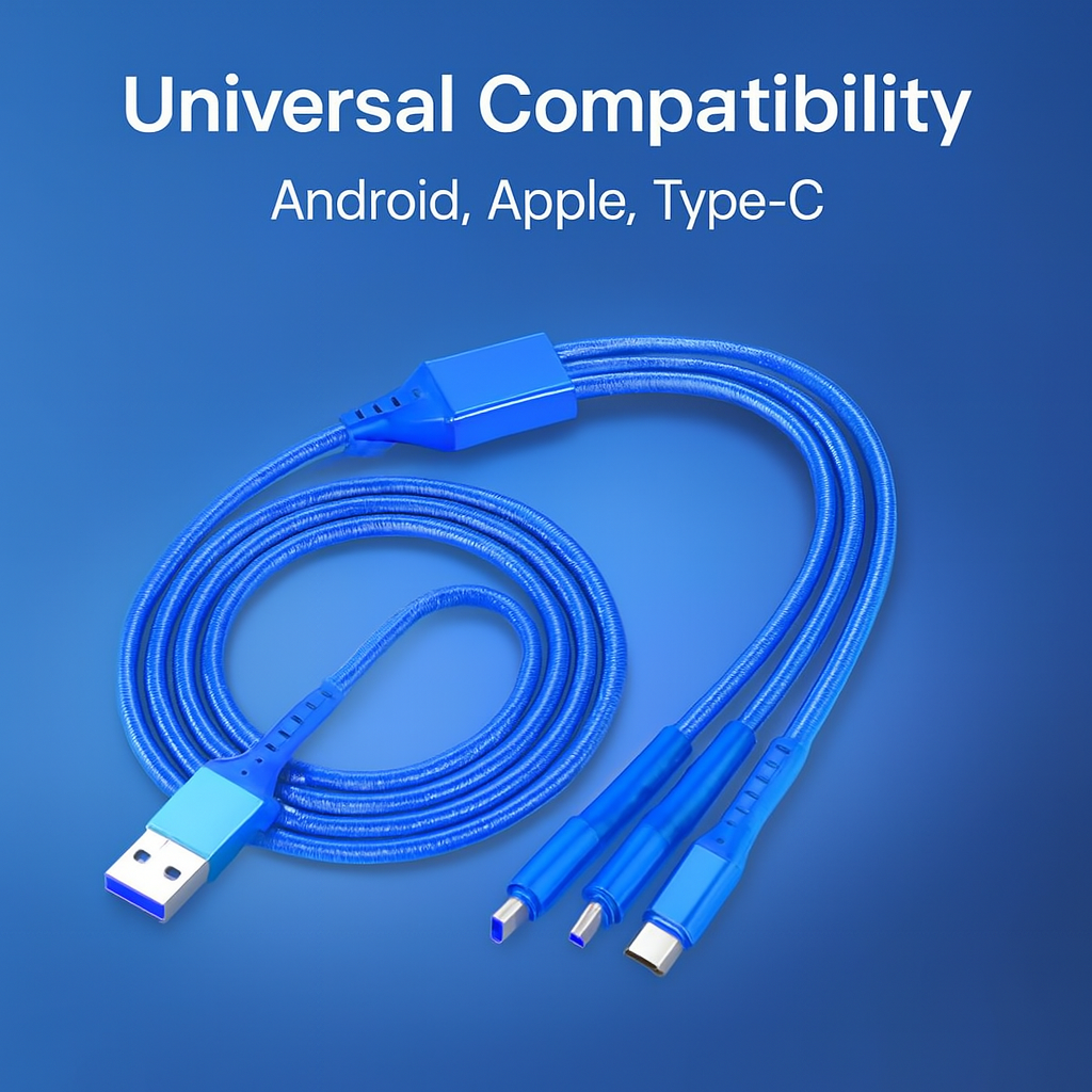 3-in-1 Metal Fast Charging Cable – Micro USB, Type-C & iPhone